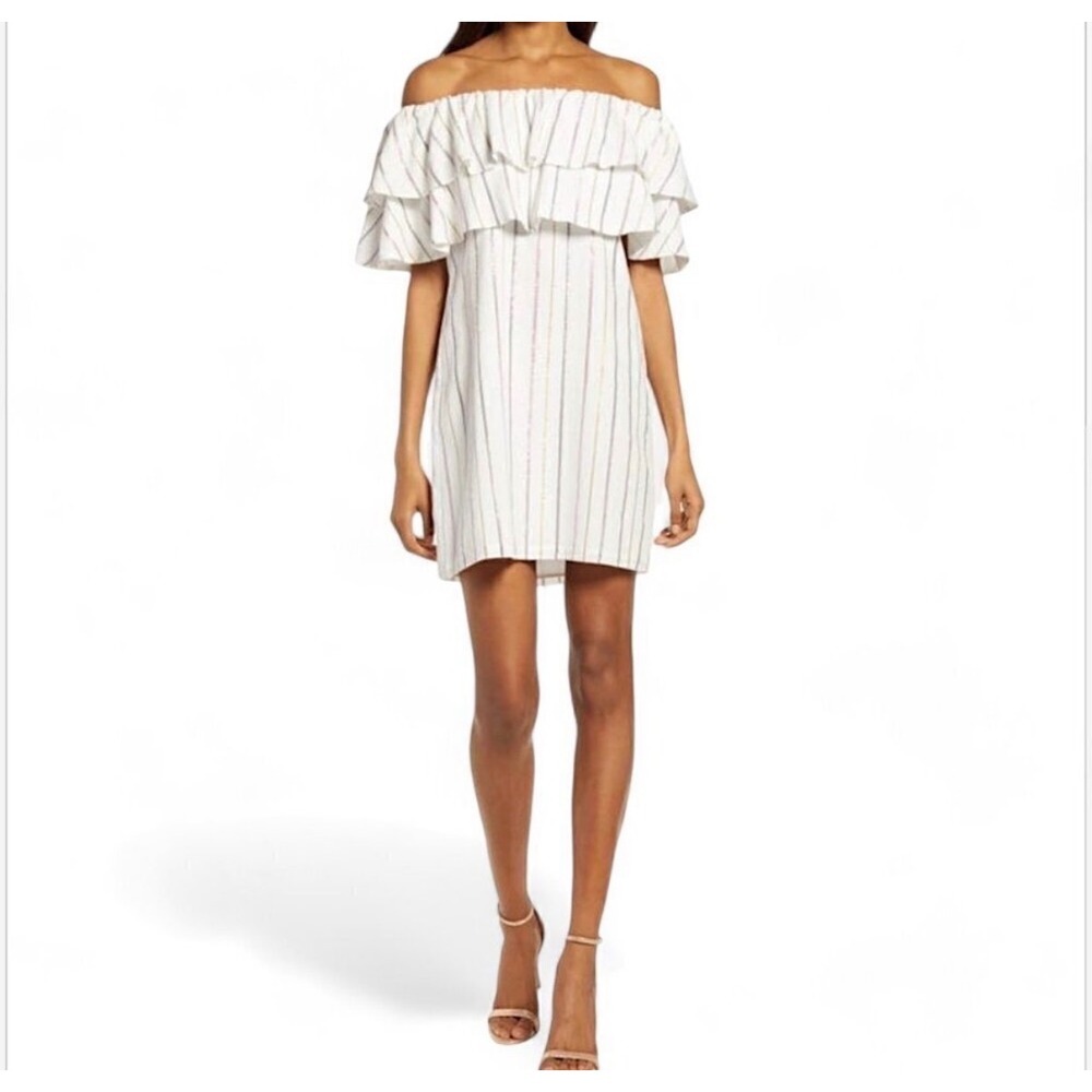 Charles Henry Womens White Metallic Stripe Off The Shoulder Ruffle Mini Dress M